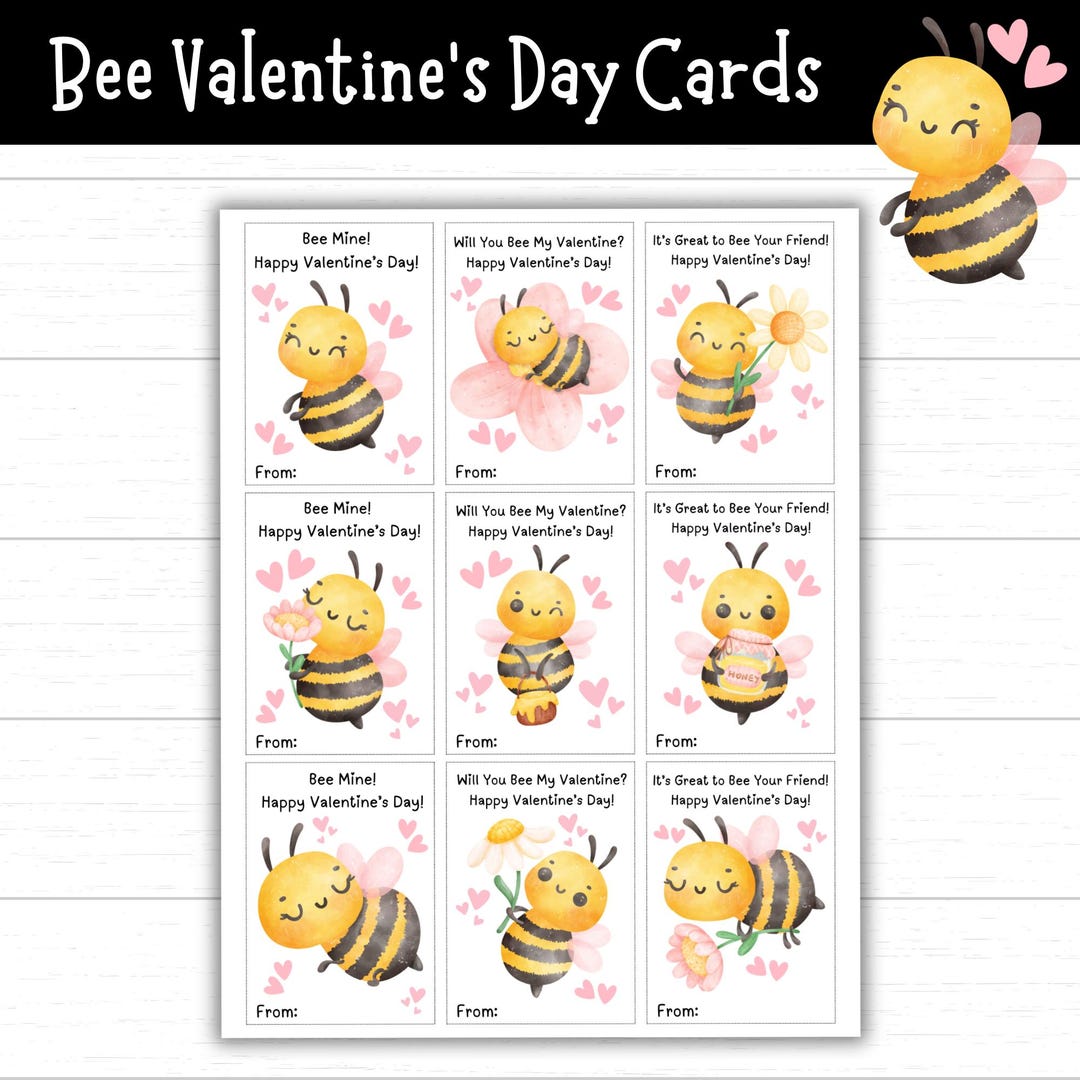 Bee Valentine's Day Cards, Printable Valentines, Bumble Bee Cards, Bee ...