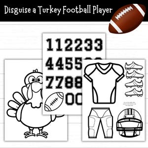 Könnte beinhalten: Schwarz-weißes druckbares Set, um eine Truthahn als Footballspieler zu verkleiden. Enthält Trikot, Hose, Helm, Stollen, Nummern und einen Football. Der Text oben lautet "Disguise a Turkey Football Player".