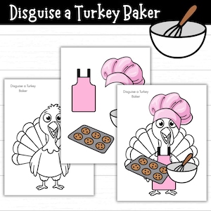 Könnte beinhalten: Illustration mit dem Text "Disguise a Turkey Baker". Das Bild zeigt einen Truthahn-Charakter in einem rosa Kochhut und einer Schürze, der ein Tablett mit Keksen und eine Schüssel mit einem Schneebesen hält. Weitere Elemente sind eine Rührschüssel und eine Kochmütze. Cartoon-Stil.