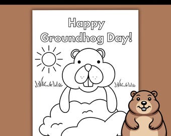 Groundhog Day Coloring Page, Happy Groundhog Day Printable, Fun Classroom Activity, February Craft, Winter and Spring Activity, Worksheet