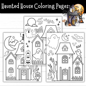 Páginas para colorear de casas embrujadas, páginas para colorear de Halloween, páginas para colorear espeluznantes, actividades de Halloween para niños, imprimibles de Halloween, páginas digitales