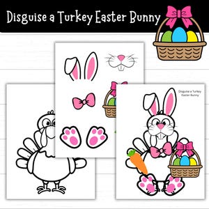 May include: A printable craft activity for kids.  Disguise a Turkey Easter Bunny.  The printable includes a turkey, bunny ears, a nose, a bow, paws, and a basket of Easter eggs.