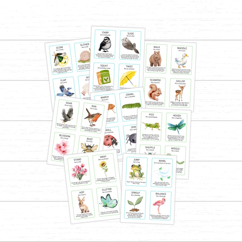 May include: A set of 24 colorful illustrated cards featuring animals and actions. Each card has a watercolor illustration of an animal and a word describing an action. The words include: glow, slither, flap, soar, run, chirp, slide, squat, twist, march, crawl, spin, roll, blossom, buzz, walk, waddle, scamper, gallop, kick, hover, shuffle, wiggle, stand, sway, jump, whirl, hop, flutter, sprout, and balance.