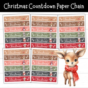 May include: A printable Christmas countdown paper chain with a cute deer illustration. The chain features 30 days of Christmas countdown strips with different animal illustrations and snowflakes. Each strip says "Days Left Until Christmas!"