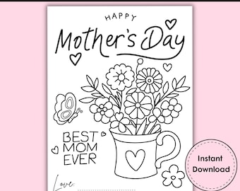 Desenho para colorir do Dia das Mães para imprimir para crianças, buquê de flores e borboleta, presente faça você mesmo para a mamãe, atividade fácil para pré-escola e sala de aula