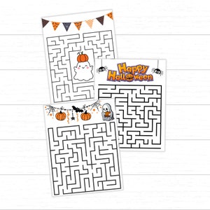 May include: Three Halloween-themed maze puzzles. Each puzzle features a black maze design on a white background. The puzzles are decorated with orange pumpkins, ghosts, spiders, and the words "Happy Halloween". A festive banner with orange and black triangles tops one puzzle.