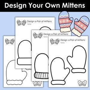 Ontwerp je eigen wanten, afdrukbare set van 4 pagina's, winterknutsels voor kinderen, kleurplaten wanten, doe-het-zelf winteractiviteit
