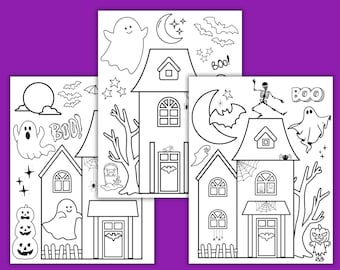 Dibujos para colorear de casas encantadas para imprimir, lindas láminas para colorear para niños, imprimibles espeluznantes, actividad de octubre, páginas para colorear de Halloween, PDF