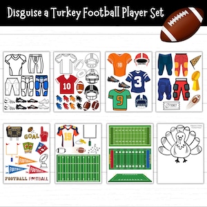 May include: A set of illustrations for a "Disguise a Turkey Football Player Set". The images include football jerseys, helmets, pants, footballs, and a turkey outline. There are also images of a football field and other football-related accessories.