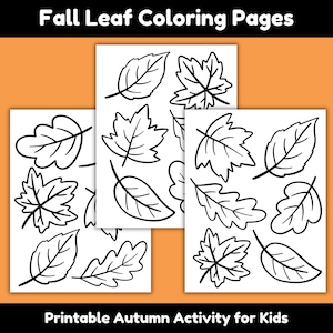 May include: Three white sheets of paper with black line drawings of various fall leaves. The text "Fall Leaf Coloring Pages" is at the top, and "Printable Autumn Activity for Kids" is at the bottom.