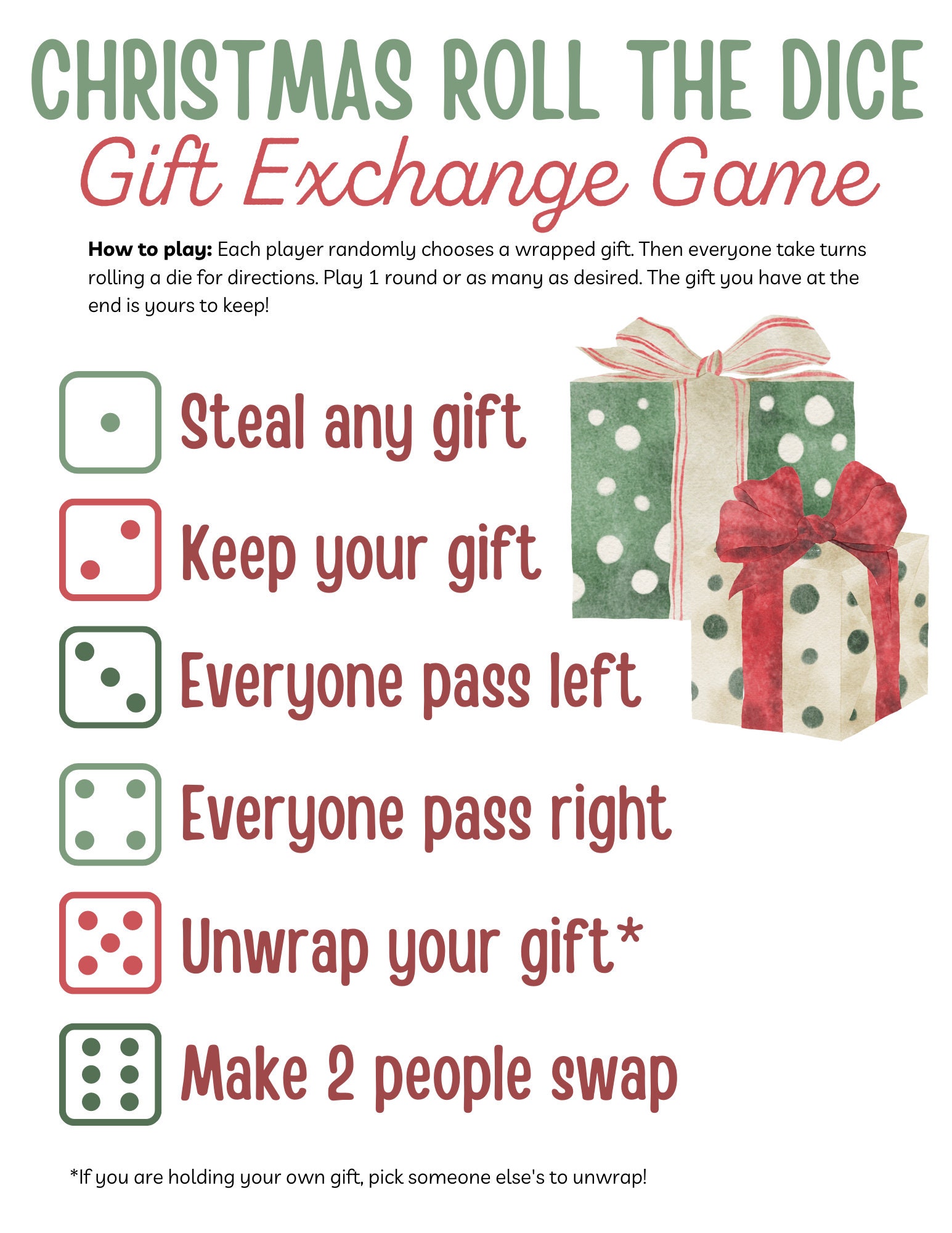 Christmas Gift Exchange Dice Game, Holiday Christmas Party Games, Roll ...