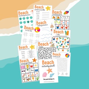 Strandaktivitätspaket, druckbare Strandaktivitäten, druckbare Sommerpaket, Strandspiele, Sommerbildung, Labyrinth, Memory-Spiel, Schnitzeljagd