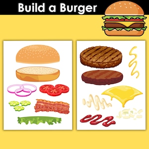 Set imprimible para construir una hamburguesa, juego de simulación de hamburguesas, manualidad para niños, actividad con temática gastronómica, preescolar, actividad de comida rápida, manualidad de hamburguesas