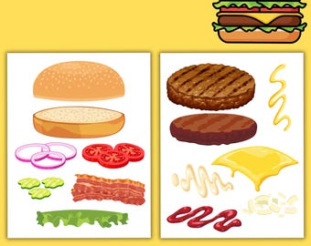 Zestaw do druku „Zbuduj burgera”, zabawa w udawanie hamburgera, zajęcia plastyczne dla dzieci, zajęcia o tematyce jedzenia, przedszkole, zajęcia z fast foodów, rękodzieło z burgerami