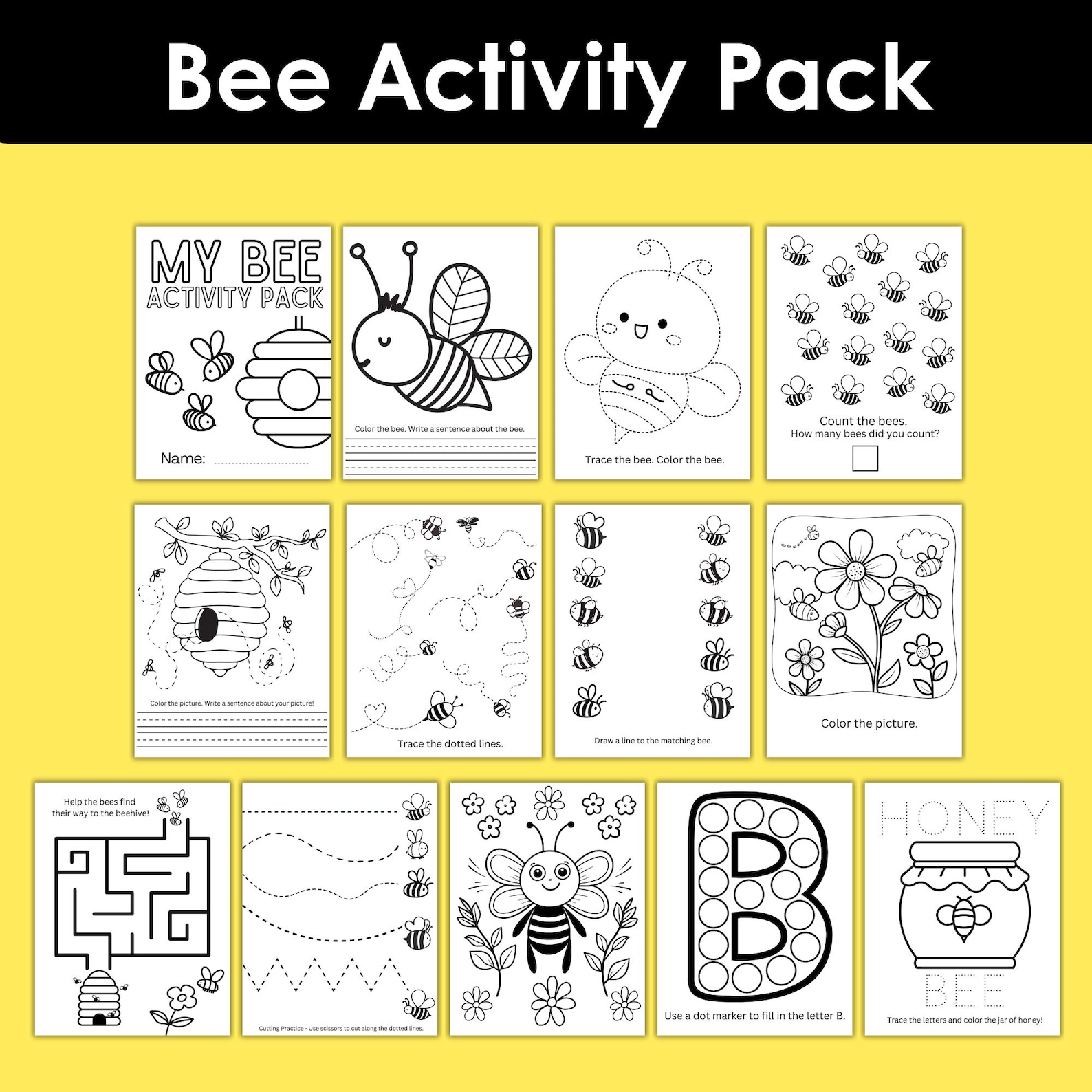 Printable Bee Activity Pack for Kids, Spring Worksheets, Coloring Pages ...