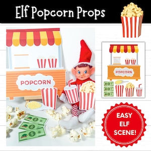 Printable Elf Popcorn Props, Movie Night Elf Idea, Elf Antics, Christmas Elf Scene, Elf Set Up, Popcorn Stand Decorations, DIY Idea