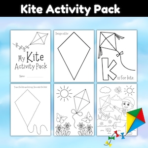 Kite Activity Pack for Kids, Spring Printable Craft Set, Coloring Pages, Preschool Learning, Early Elementary Classroom Project PDF Download