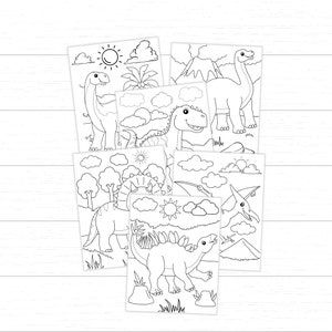 May include: A set of six black and white coloring pages featuring different dinosaurs. Each page includes a dinosaur with a unique design and a simple background.