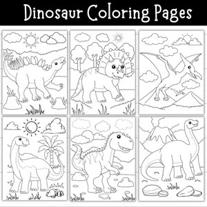 May include: Black and white coloring pages featuring six different dinosaurs. The dinosaurs include a stegosaurus, triceratops, pterodactyl, brachiosaurus, tyrannosaurus rex, and an unidentified dinosaur. Each dinosaur is depicted in a simple, cartoon-like style and is surrounded by simple background elements such as clouds, trees, and rocks.