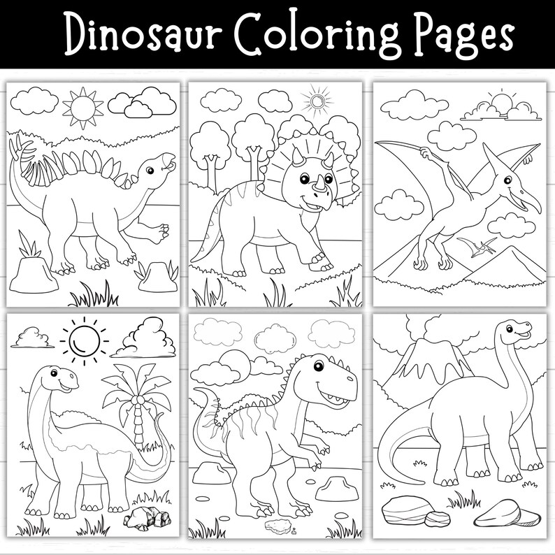 May include: Black and white coloring pages featuring six different dinosaurs. The dinosaurs include a stegosaurus, triceratops, pterodactyl, brachiosaurus, tyrannosaurus rex, and an unidentified dinosaur. Each dinosaur is depicted in a simple, cartoon-like style and is surrounded by simple background elements such as clouds, trees, and rocks.
