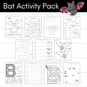 Puede incluir: Paquete de actividades imprimibles en blanco y negro para niños con temática de murciélagos. El paquete incluye actividades como trazado, conteo, suma y un laberinto. El texto "My Bat Activity Pack" está incluido en una de las páginas.