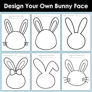 Può includere: Sei fogli di carta bianca con disegni a tratto nero di facce di coniglio. Ogni foglio presenta un diverso design del viso del coniglio, con il testo "Design Your Own Bunny Face" e uno spazio per un nome.