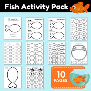 Fish Activity Pack for Preschool & Kindergarten – 10 Page Ocean Printable | Color, Cut, Paste, Counting, Patterns, Matching and Fishing Game