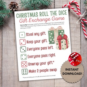 Christmas Gift Exchange Dice Game, Holiday Christmas Party Games, Roll the Dice Game, White Elephant Gift Exchange Game, Printable Dice Game
