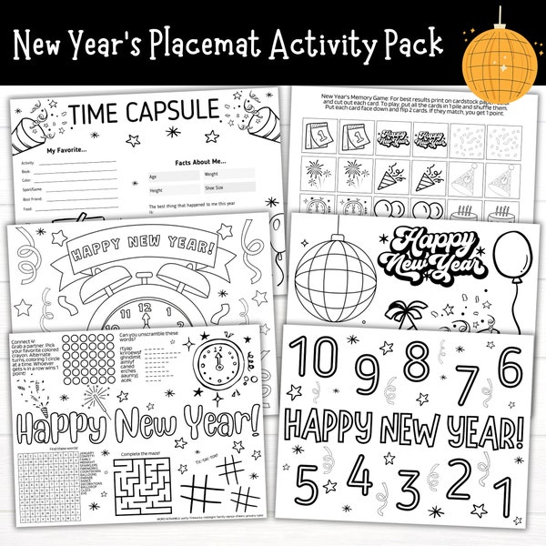 Nieuwjaarsactiviteit Placemat afdrukbaar, Nieuwjaarskleurplaten, Nieuwjaarsactiviteitenbladen voor kinderen, Oudejaarsavondtijdcapsule