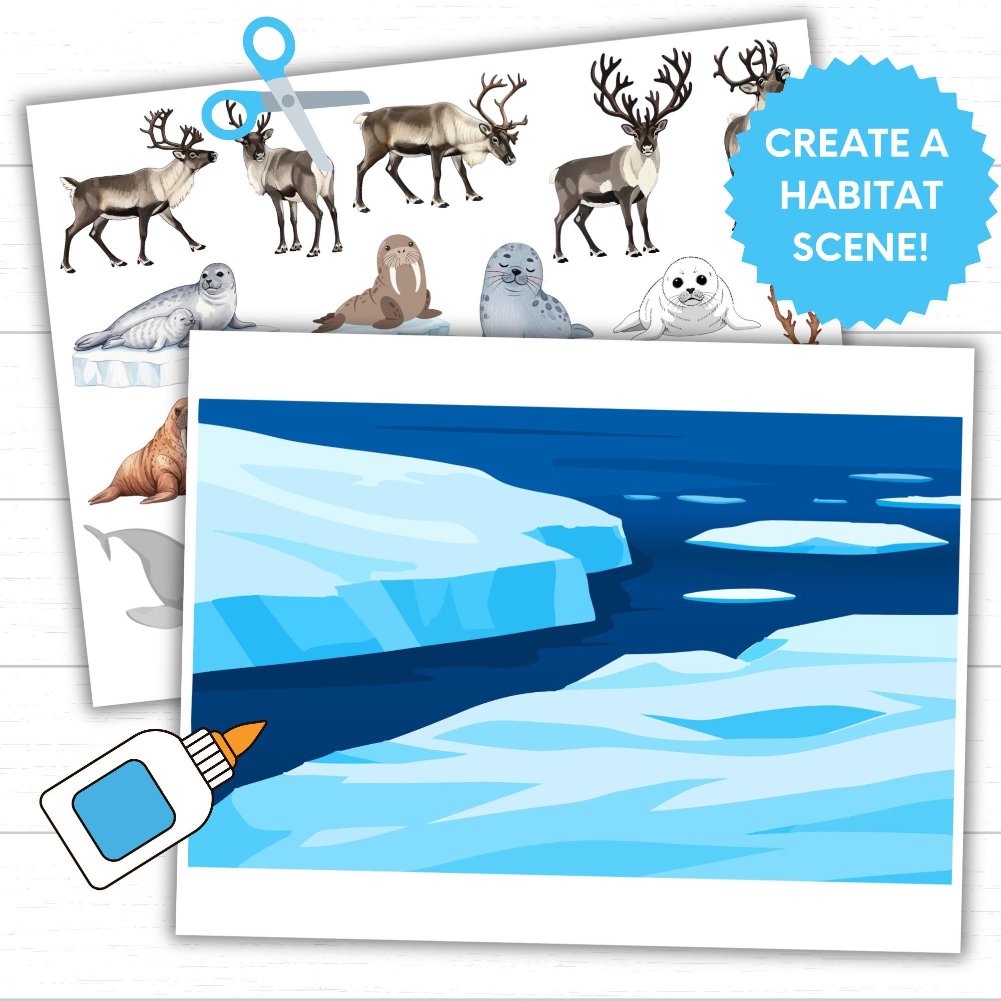 Arctic Animals Cut and Paste Activity, Arctic Habitat Scenes Printable ...