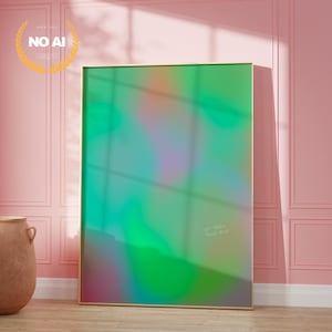 Puede incluir: Una impresión artística abstracta enmarcada con un marco dorado. La obra de arte presenta una mezcla de tonos verdes, morados y naranjas. El texto "LET PEACE TAKE HOLD" está en la esquina inferior derecha. La imagen está colocada contra una pared rosa.