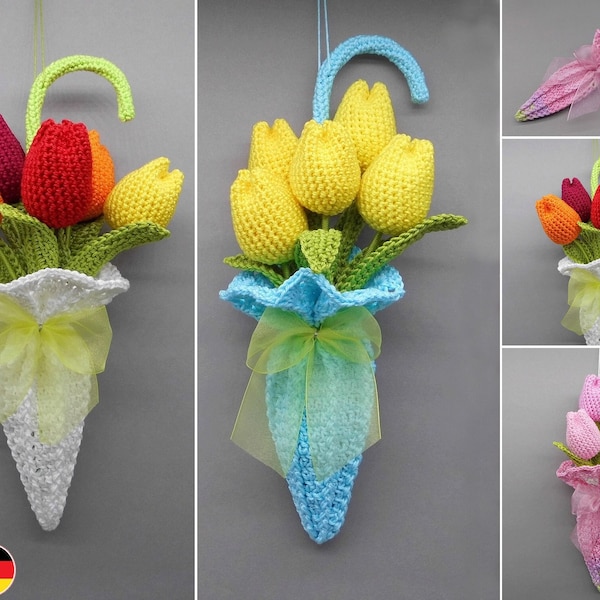 Crochet pattern flower decoration tulips in umbrella for doors & walls - easy from scraps of yarn