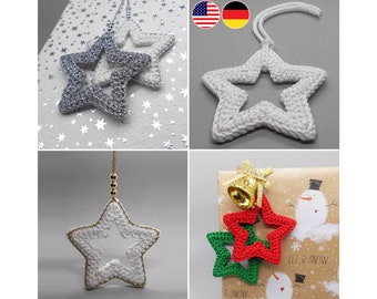 Instrucciones a crochet colgante decorativo estrella pequeño, Adornos navideños fáciles y versátiles de tejer a partir de restos de lana, Patrón de adornos para árboles de Navidad a crochet