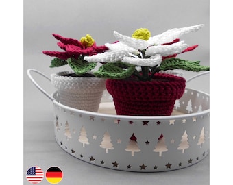 Crochet pattern poinsettia in pot, Christmas decoration, easy from scraps of yarn, also suitable for crochet beginners, with crochet chart