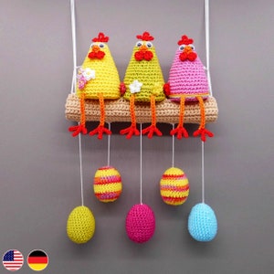Crochet pattern Easter chicken on the perch, edge stools & hanging decoration instead of door wreath, Easter decor easy from leftover yarn
