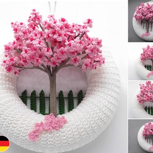 Crochet pattern door wreath cherry blossom tree - easy from scraps of yarn