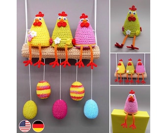 Crochet pattern Easter chicken on the perch, edge stools & hanging decoration instead of door wreath, Easter decor easy from leftover yarn