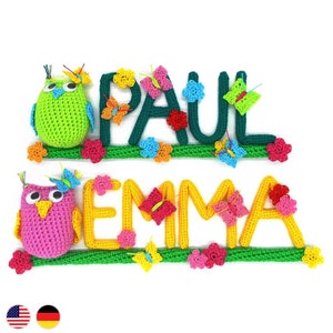 Instrucciones de crochet placa con nombre búho con letras amigurumi, alfabeto ABC completo de crochet a partir de lana sobrante, regalo para cumpleaños y bautismo