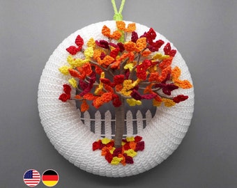 Crochet pattern door wreath autumn tree, autumn decor for doors and walls, fall decoration easy from scraps of yarn, also for beginners