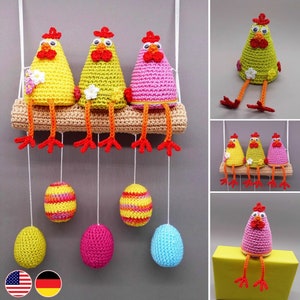 Crochet pattern Easter chicken on the perch, edge stools & hanging decoration instead of door wreath, Easter decor easy from leftover yarn