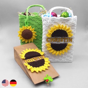 Häkelanleitung personalisierte Sonnenblumen Geschenktüte in 3 Versionen, einfach aus Wollresten häkeln, auch für Anfänger, mit Häkelschrift