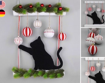 Crochet pattern cat Christmas door decoration with Christmas baubles - easy from scraps of yarn