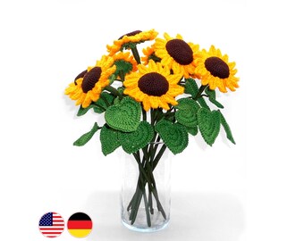 Crochet pattern sunflowers, whole flower bouquet or large individual flowers, autumn decoration, gift fall decor from scraps of yarn