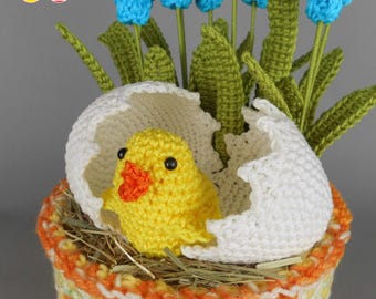 Crochet Pattern Spring Decor Arrangement With Baby Chick And Egg - For Beginner