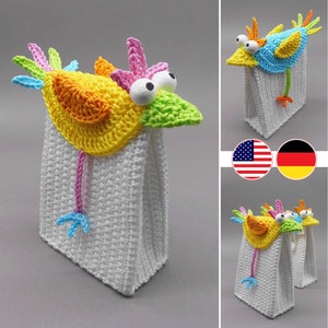 Crochet pattern funny gift & voucher bag colorful bird, easy from scraps of yarn, even for beginners, with crochet chart diagram