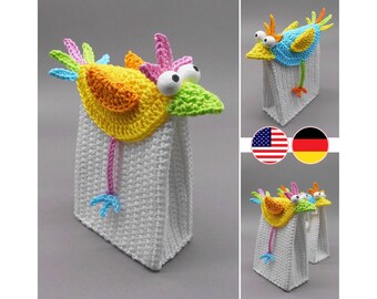 Crochet pattern funny gift & voucher bag colorful bird, easy from scraps of yarn, even for beginners, with crochet chart diagram