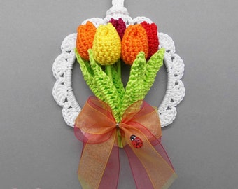 Crochet pattern Amigurumi flowers spring decoration, tulips hanging decor ornament, easy crocheting from yarn leftovers, for beginners