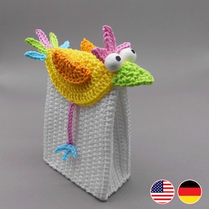 Häkelanleitung Geschenk-Tüte Gutschein-Tasche bunter Vogel - einfach aus Wollresten