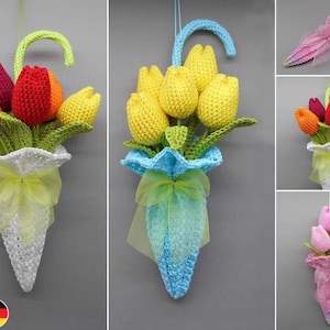 May include: A set of four crocheted tulip bouquets in different colors. Each bouquet is arranged in a crocheted umbrella-shaped vase with a green ribbon.