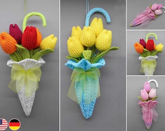 Crochet pattern flower decoration tulips in umbrella for doors & walls - easy from scraps of yarn